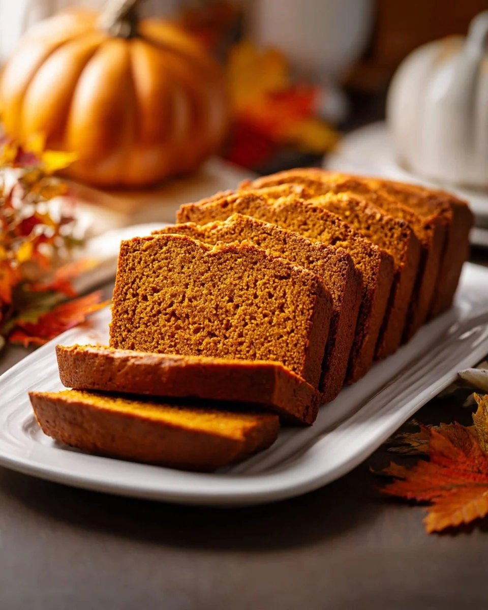 Slice of perfect pumpkin bread with spices and a cozy autumn background