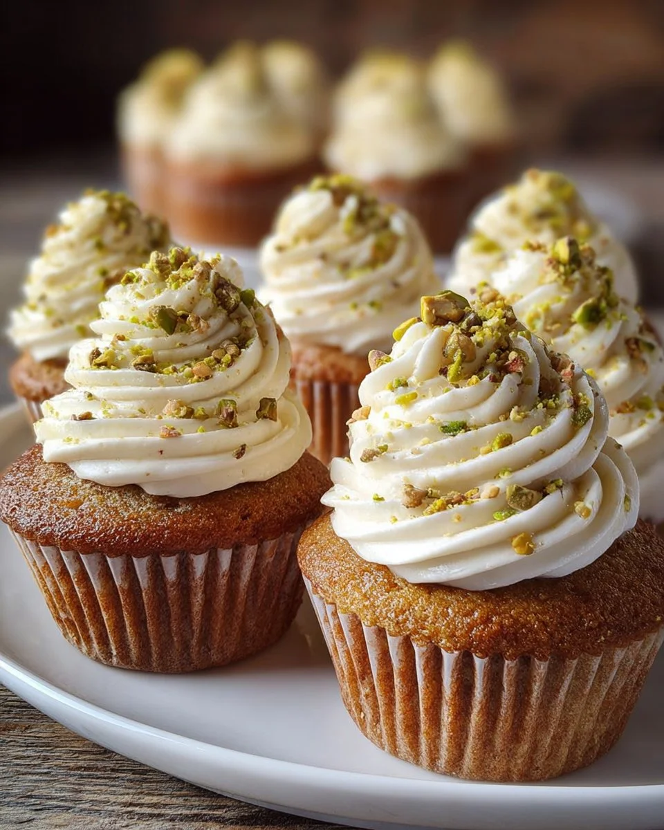 Pistachio cupcakes with vanilla buttercream frosting on a decorative plate