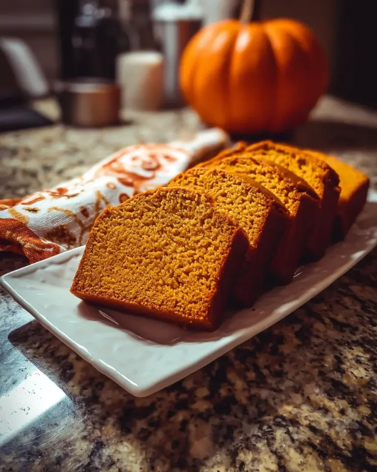 Freshly baked pumpkin bread loaf with spices and nuts.