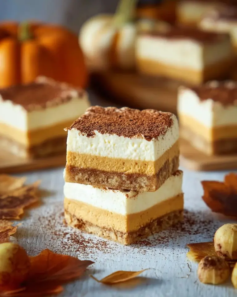Delicious pumpkin cheesecake bars with spiced topping and graham cracker crust