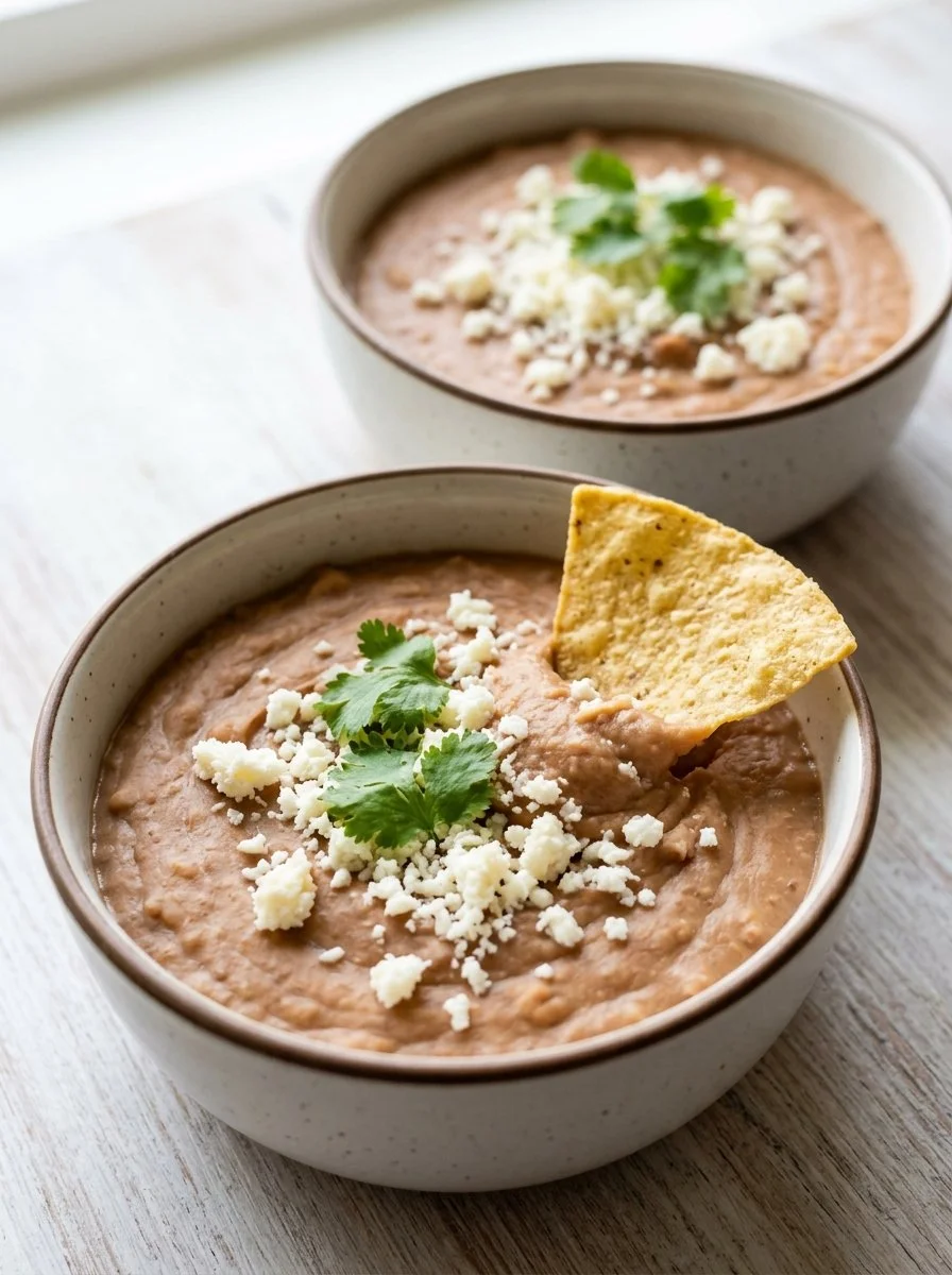 Quick and Easy Refried Beans recipe served in a bowl