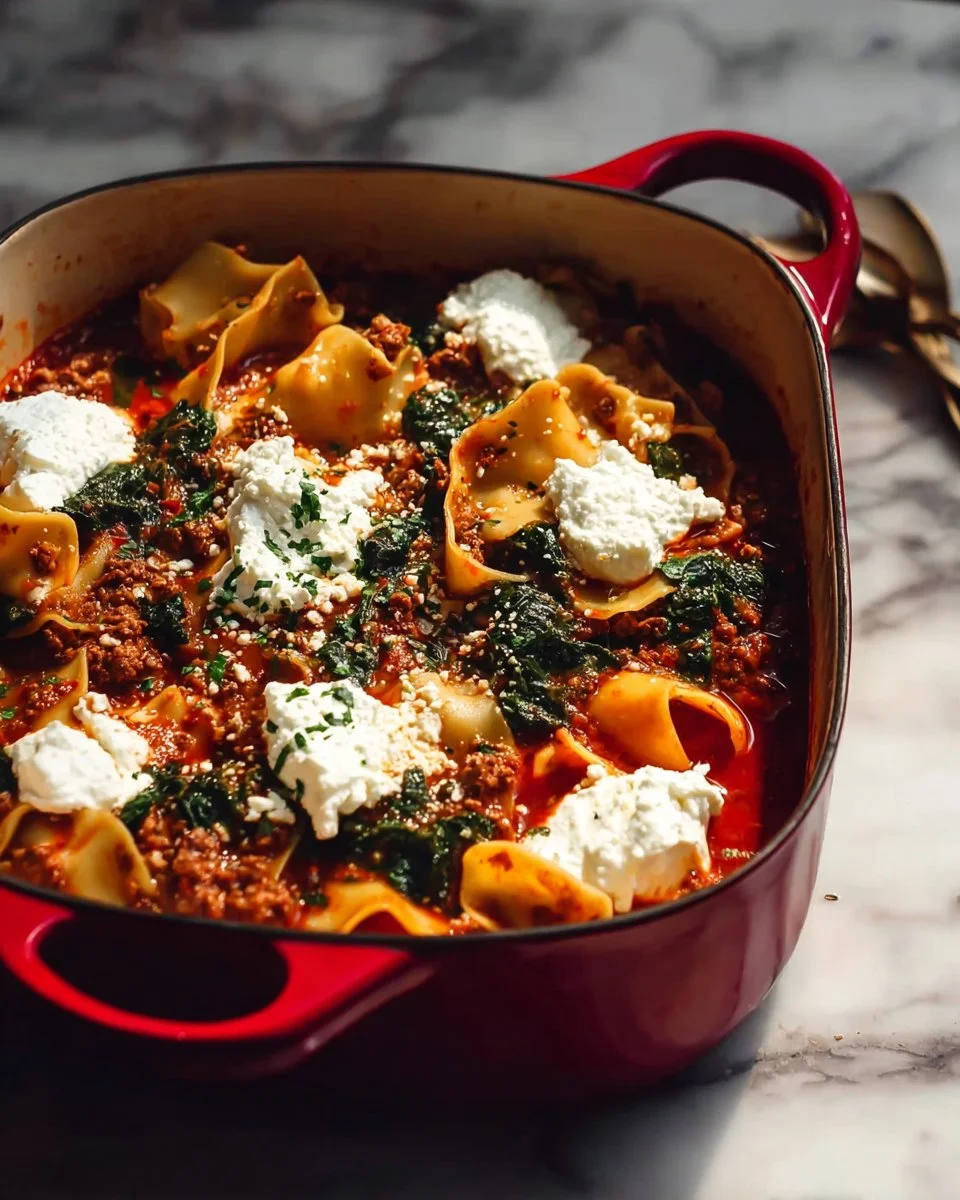 Delicious Dutch Oven Lasagna Soup served in a rustic bowl with fresh herbs.