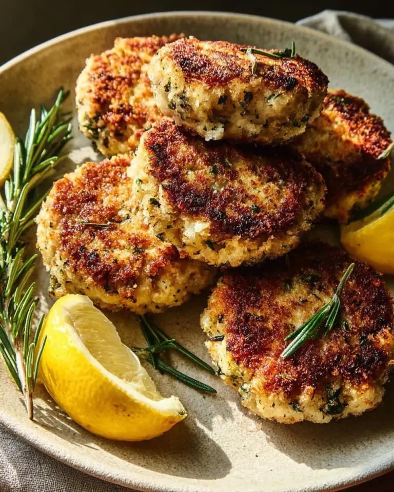 Juicy Rosemary Lemon Chicken Patties garnished with fresh herbs
