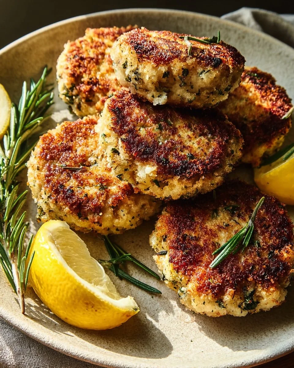 Juicy Rosemary Lemon Chicken Patties garnished with fresh herbs