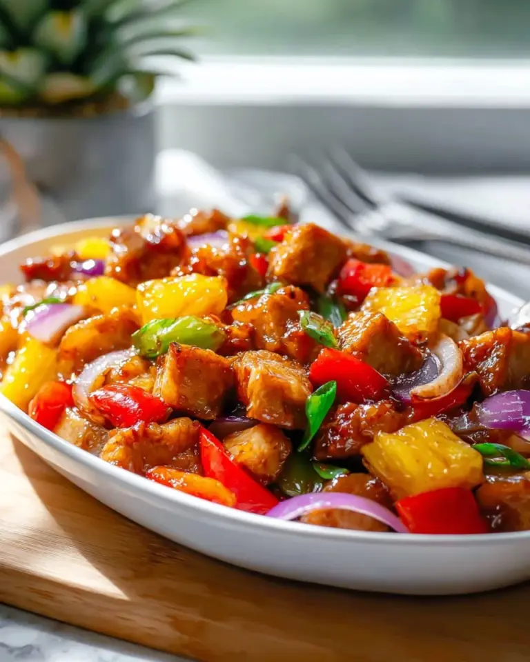 A vibrant sheet pan dish of pineapple chicken with colorful vegetables