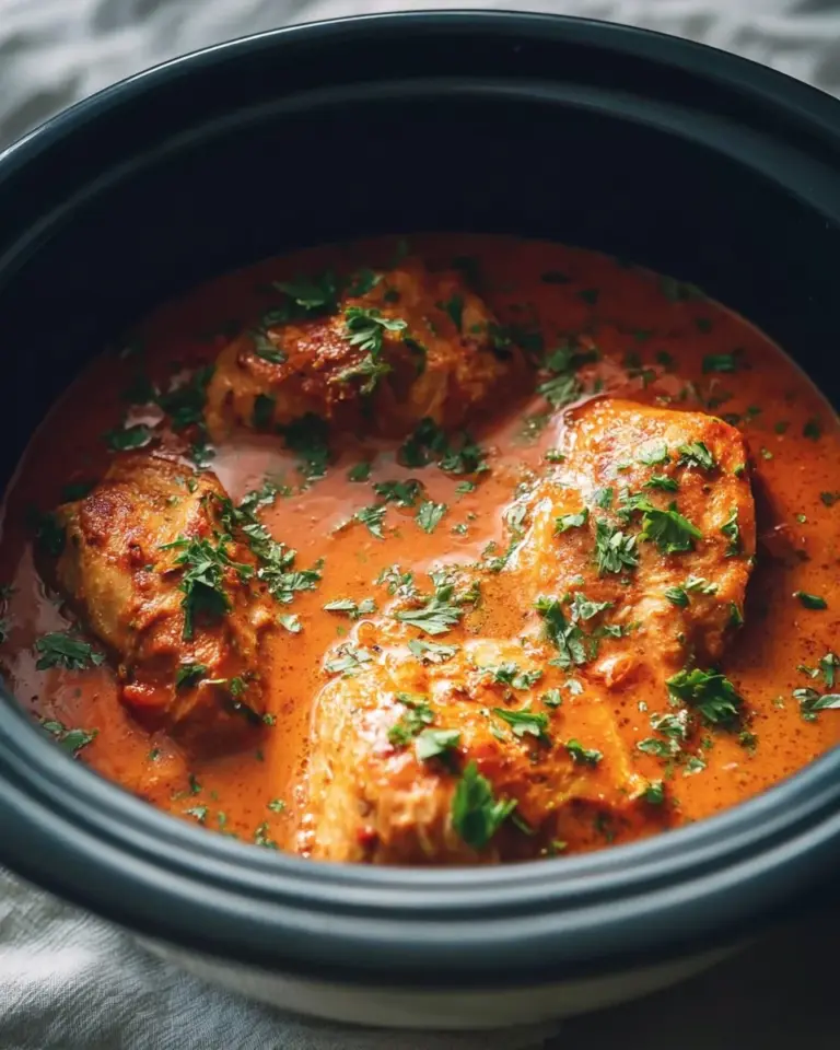 Slow Cooker Creamy Tomato Basil Chicken served in a bowl with fresh basil garnish