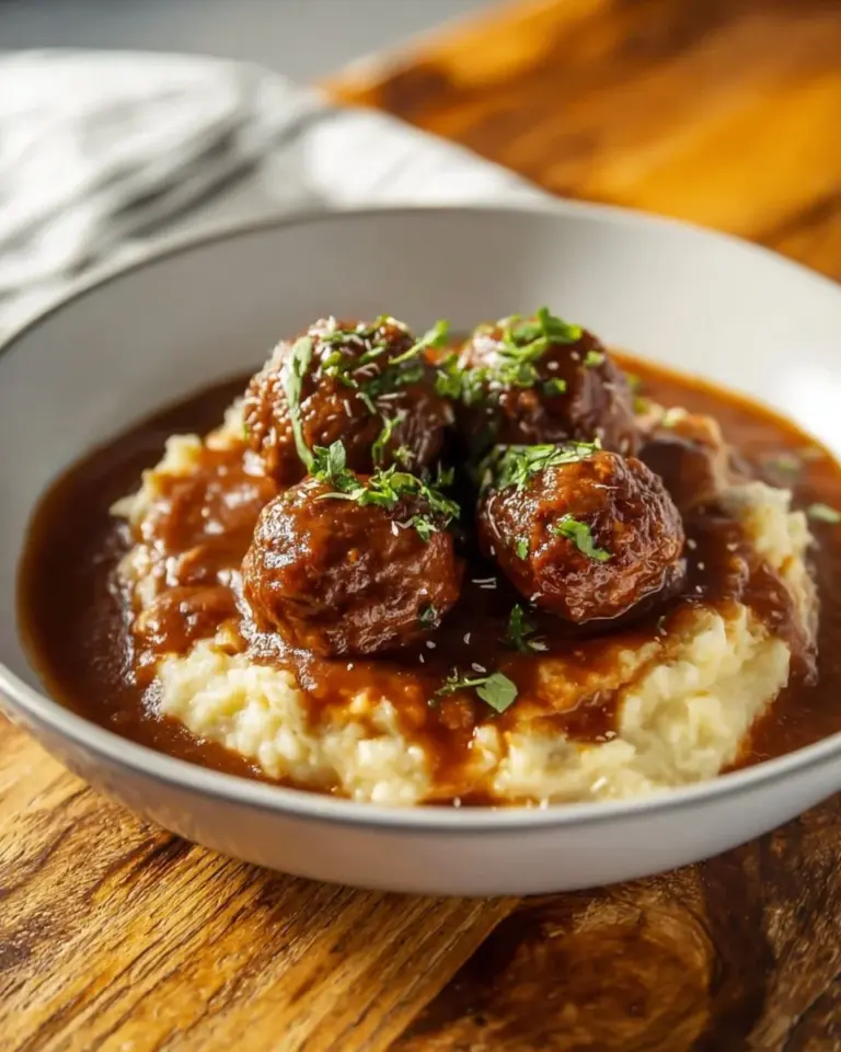 Delicious slow cooker meatballs in gravy served with parsley garnish