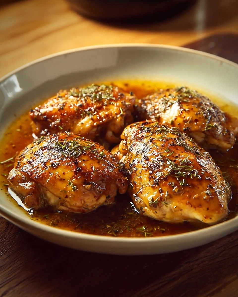 Slow Cooker Sweet Baby Ray's Chicken plated with sauce and garnished