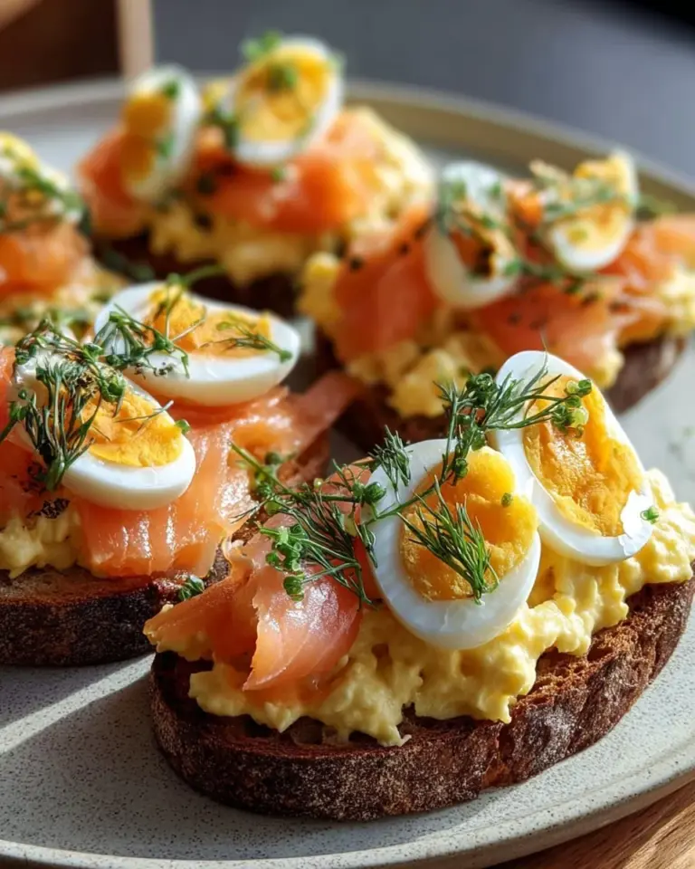 Smoked salmon crostini topped with egg-cheddar mousse on a rustic platter