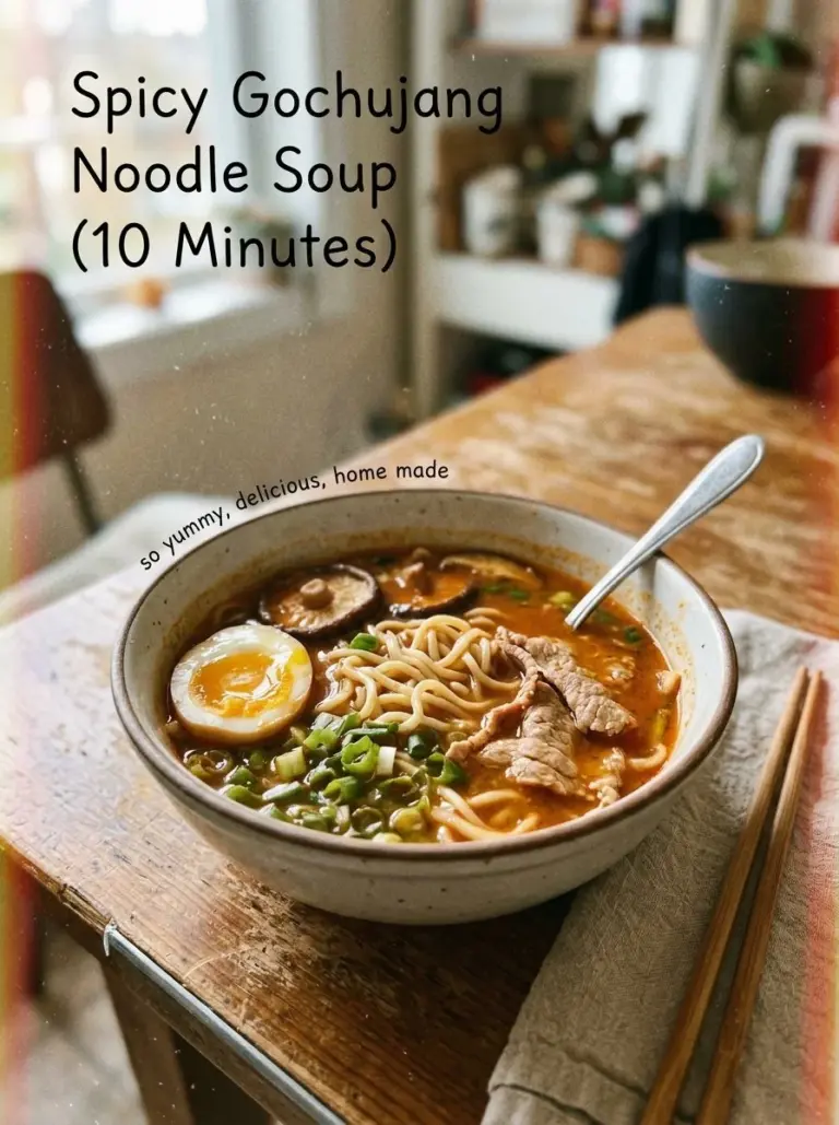 Bowl of Spicy Gochujang Noodle Soup garnished with green onions and sesame seeds