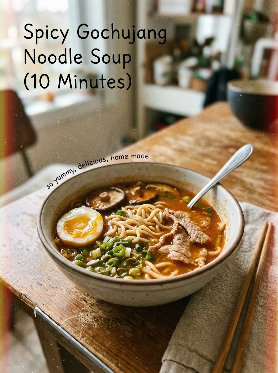 Bowl of Spicy Gochujang Noodle Soup garnished with green onions and sesame seeds