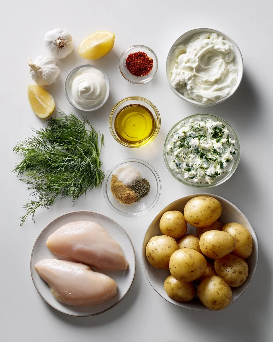 Spicy Yogurt Marinated Chicken with Dill Feta Cream & Crispy Baby Potatoes
