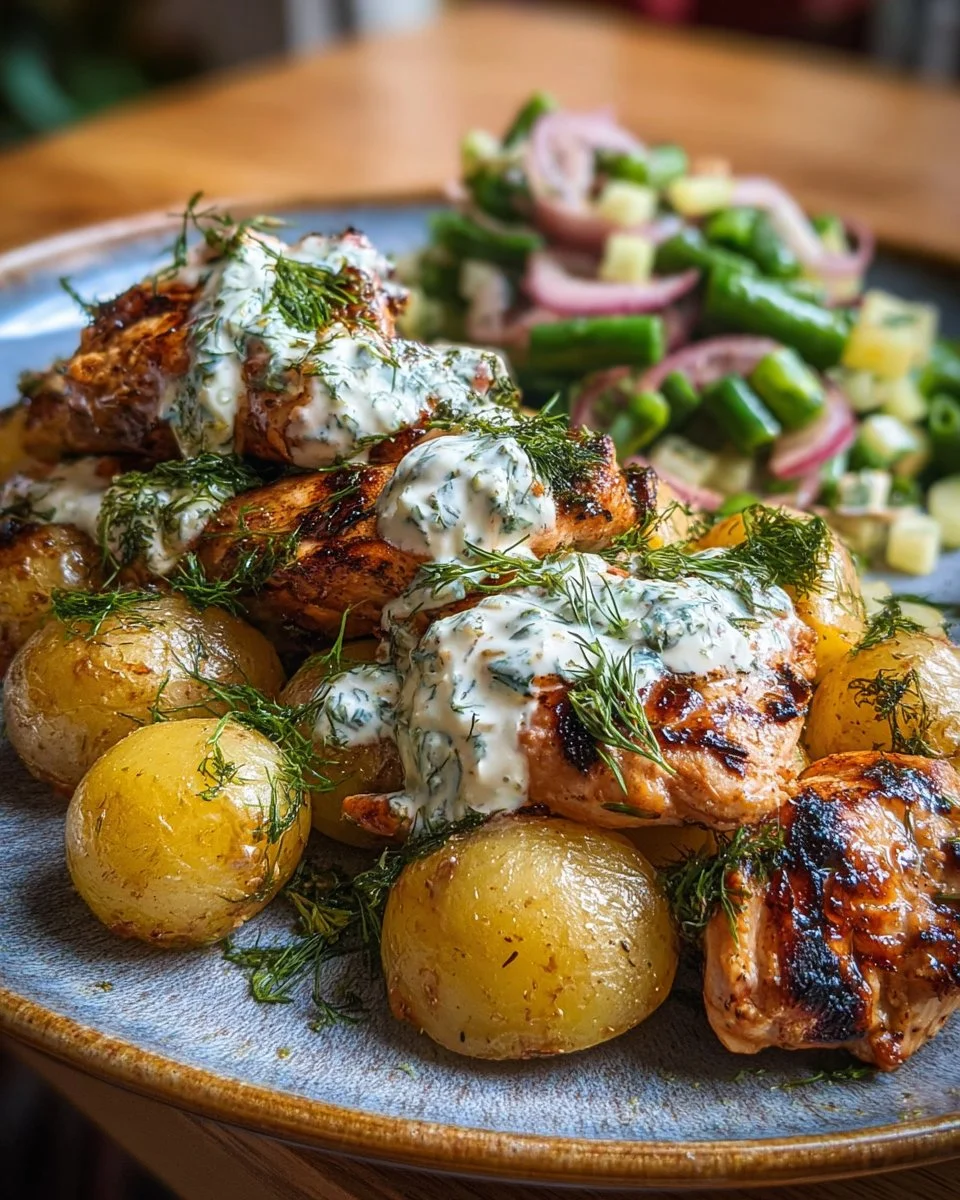 Spicy Yogurt Marinated Chicken with Dill Feta Cream & Crispy Baby Potatoes