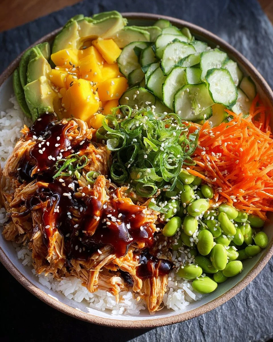 Delicious Sticky Chicken Poke Bowls with fresh ingredients and vibrant colors