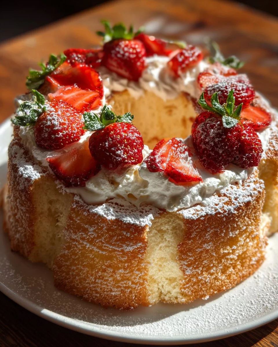 Delicious slice of strawberry angel food cake topped with fresh strawberries