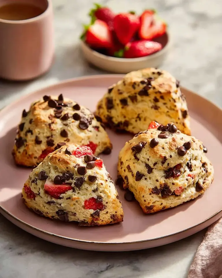 Freshly baked strawberry chocolate chip scones on a plate.