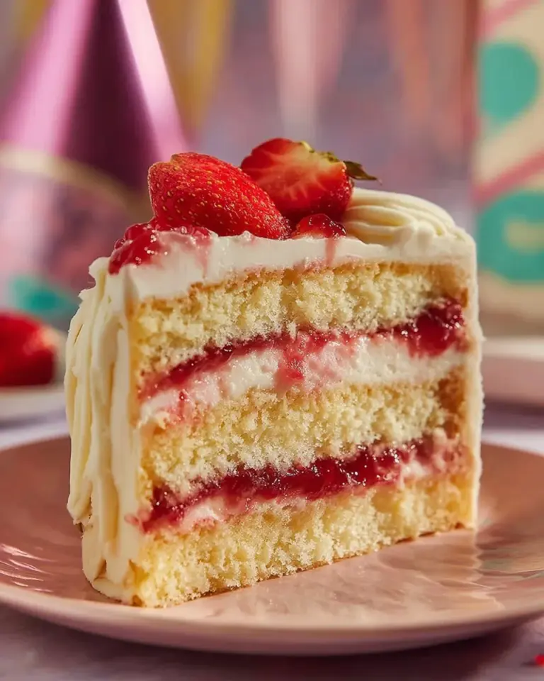 Delicious Strawberry Layer Cake with fresh strawberries and layers of frosting