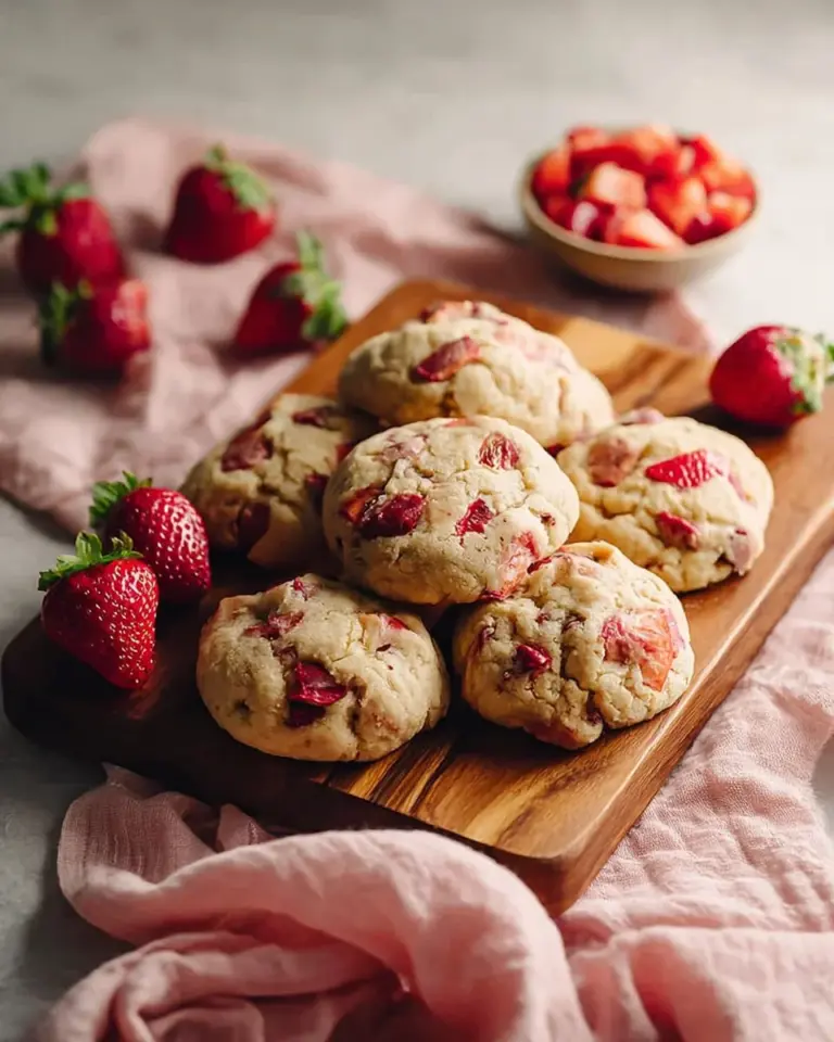 Delicious homemade Strawberry Shortcake Cookies with fresh strawberries and cream.