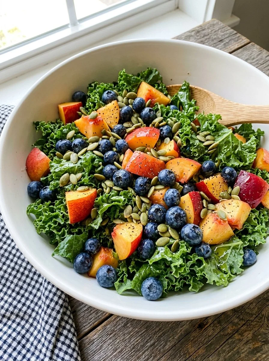 Summer kale salad with peaches and blueberries served in a bowl.