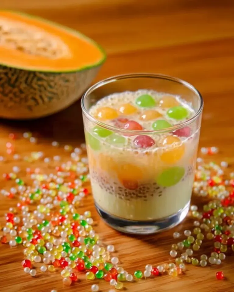 A bowl of tapioca melon dessert soup served with fresh melon slices and tapioca pearls.