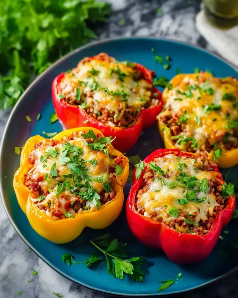 Delicious ground turkey stuffed peppers on a plate, garnished and ready to eat.