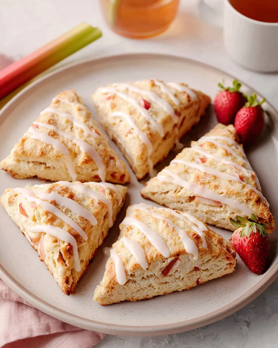 Tender strawberry rhubarb scones freshly baked on a cooling rack
