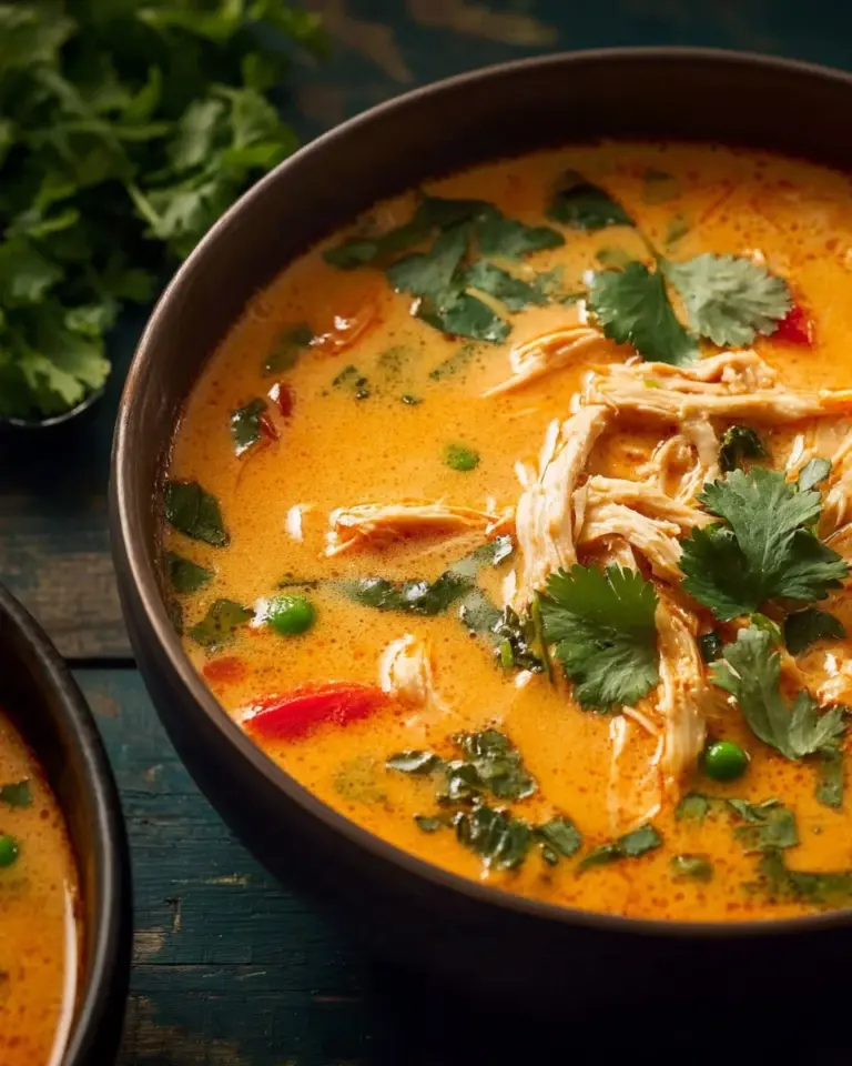 Bowl of Thai Chicken Curry Soup garnished with herbs and spices