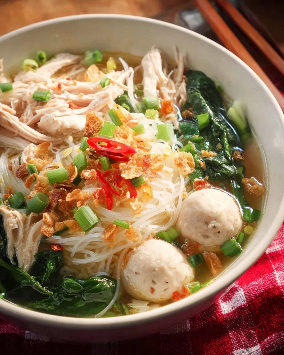 Bowl of delicious Thai Chicken Noodle Soup with fresh herbs and colorful vegetables