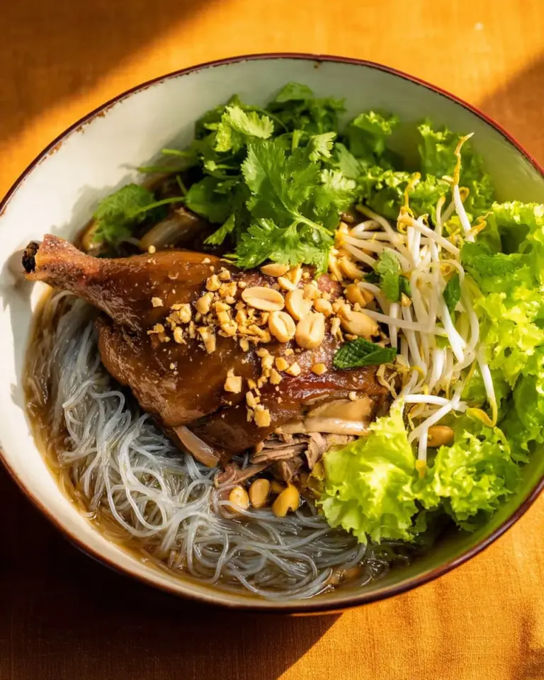 Delicious bowl of Thai Duck Noodle Soup with fresh herbs and tender duck meat.