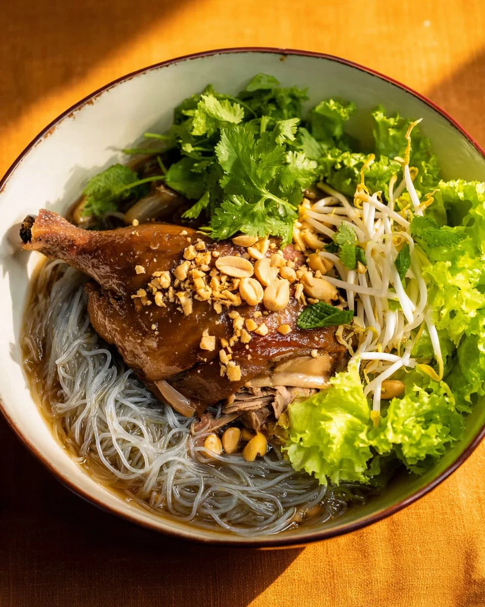 Delicious bowl of Thai Duck Noodle Soup with fresh herbs and tender duck meat.