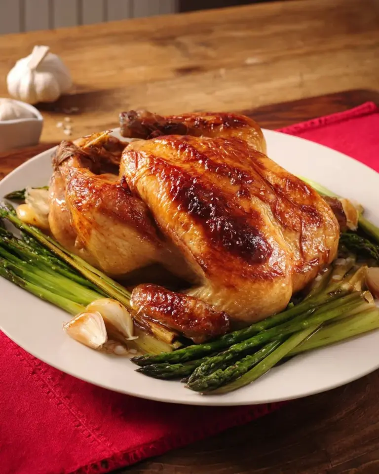 Juicy Thai Roast Chicken drizzled with flavorful gravy on a plate.