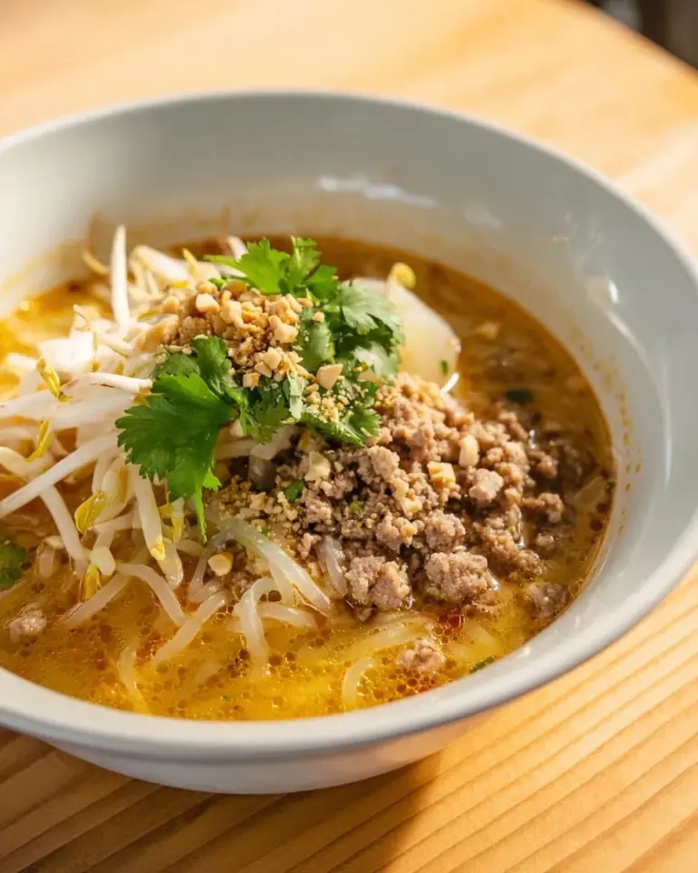Bowl of Thai spicy and sour noodle soup with fresh herbs and chili peppers