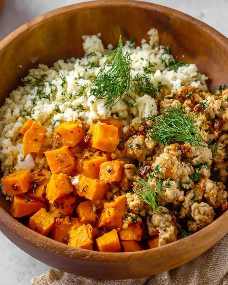 Turkey Bowl with sweet potatoes and feta sauce