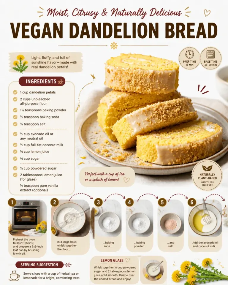 Loaf of Vegan Dandelion Bread with fresh dandelion greens on a rustic table