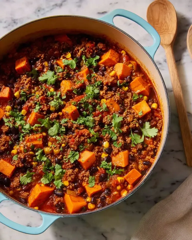 Bowl of warming ground turkey and sweet potato chili topped with fresh herbs