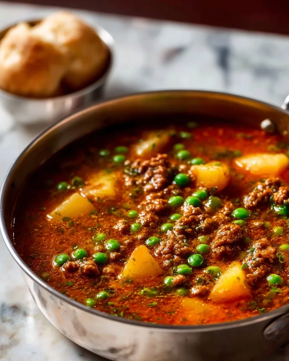 A hearty bowl of wholesome hamburger stew with vegetables and spices.