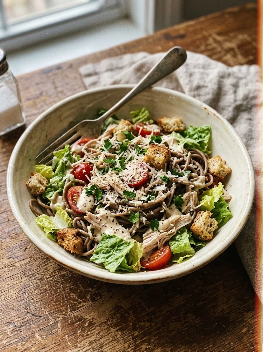 30-Minute Chicken Caesar Pasta Salad with grilled chicken and romaine lettuce