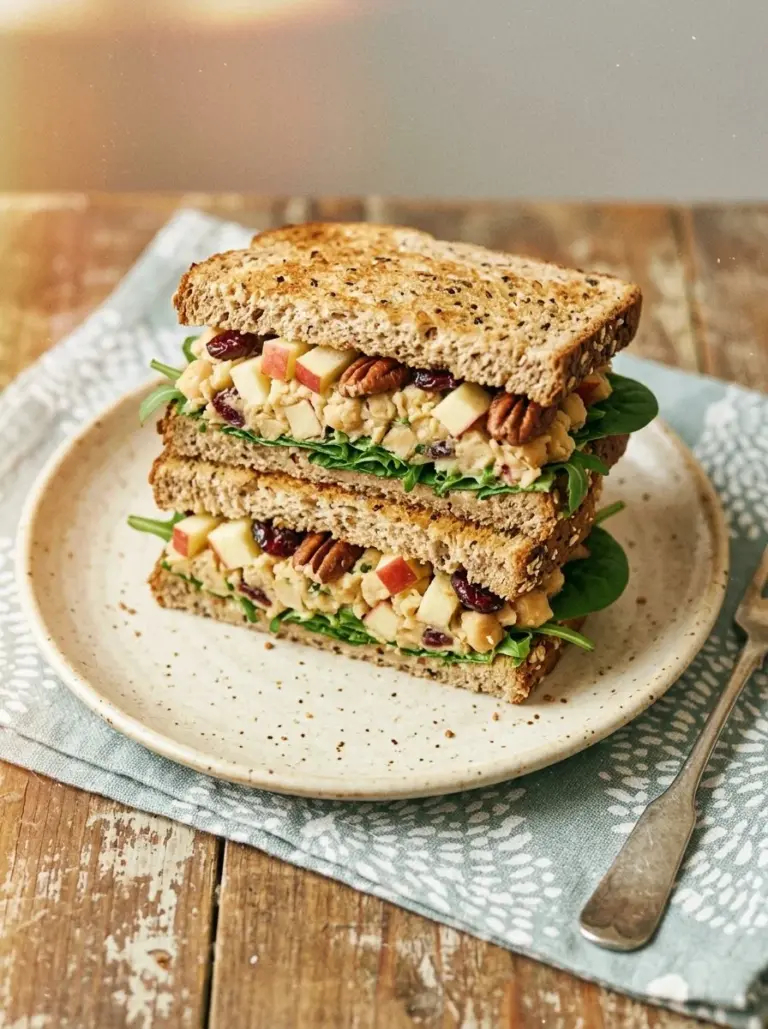 Apple Pecan Chickpea Salad Sandwich on a plate with fresh ingredients