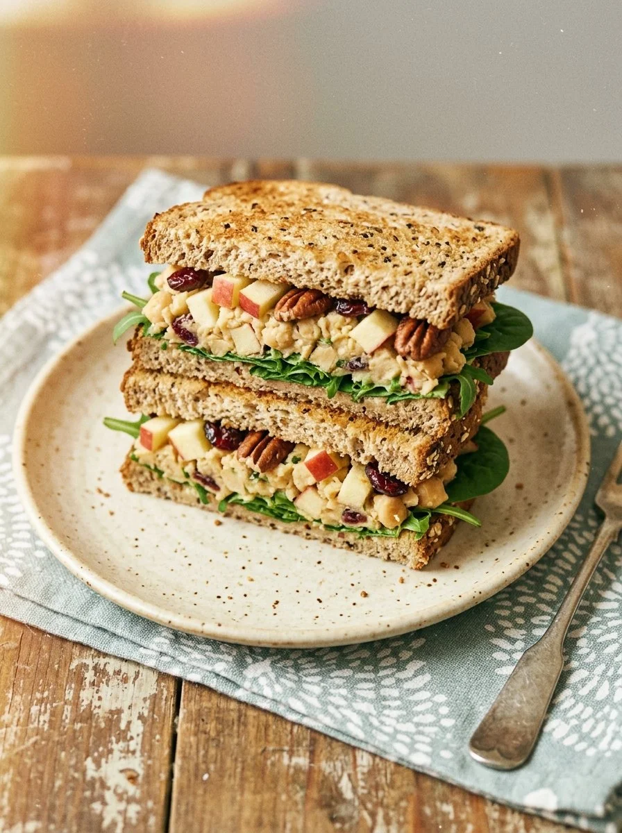 Apple Pecan Chickpea Salad Sandwich on a plate with fresh ingredients