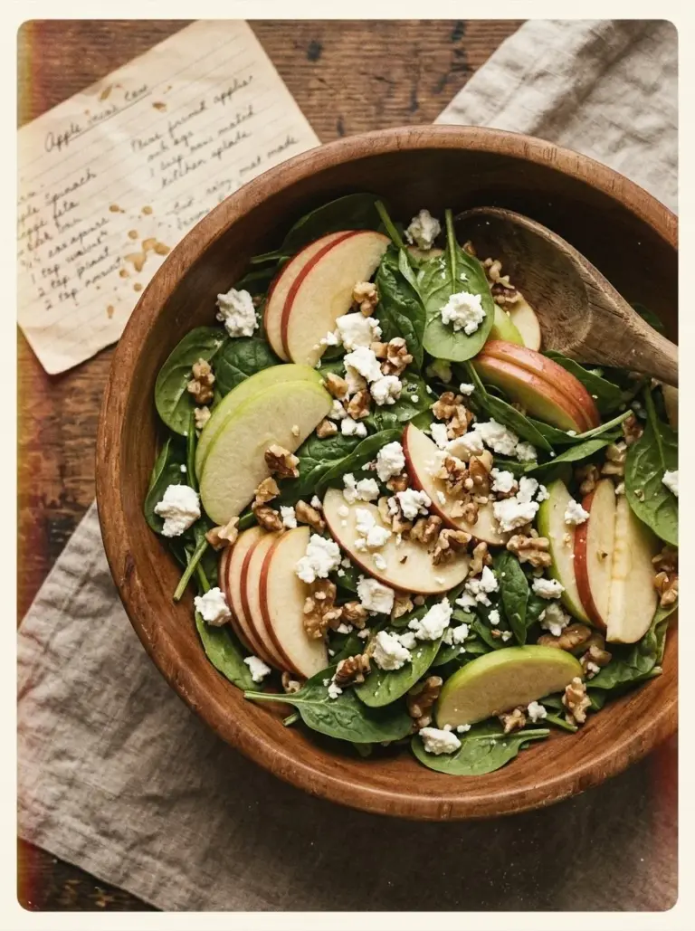 Fresh Apple Spinach Salad with walnuts and vinaigrette dressing