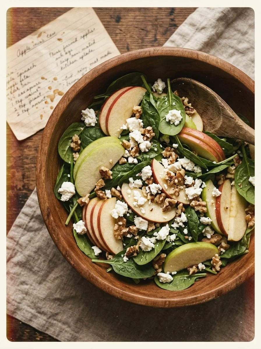 Fresh Apple Spinach Salad with walnuts and vinaigrette dressing