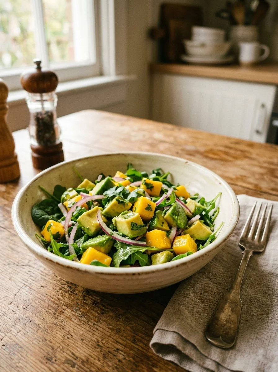 Fresh Avocado Mango Salad with Zesty Lime Dressing served in a bowl