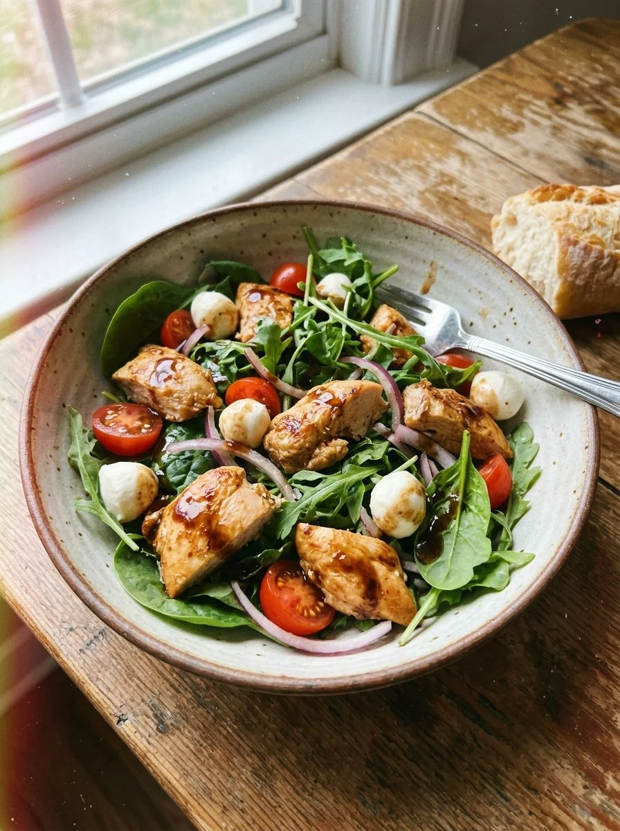 Baked marinated chicken salad with mozzarella and balsamic vinaigrette on a plate