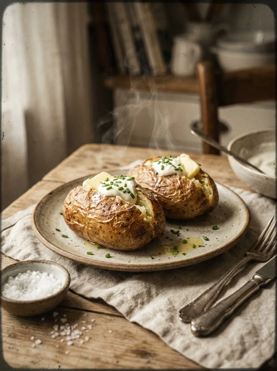 Perfect air fryer baked potatoes with crispy skin and fluffy interior.