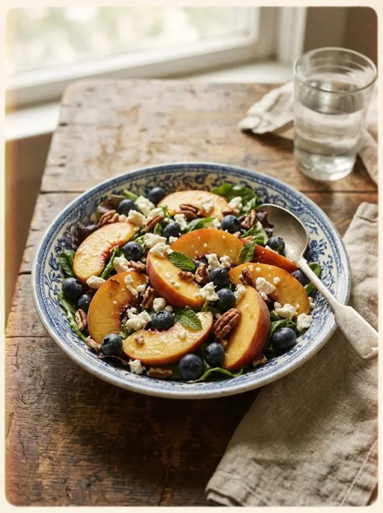 Blueberry Peach Feta Salad with fresh blueberries, peaches, and feta cheese.