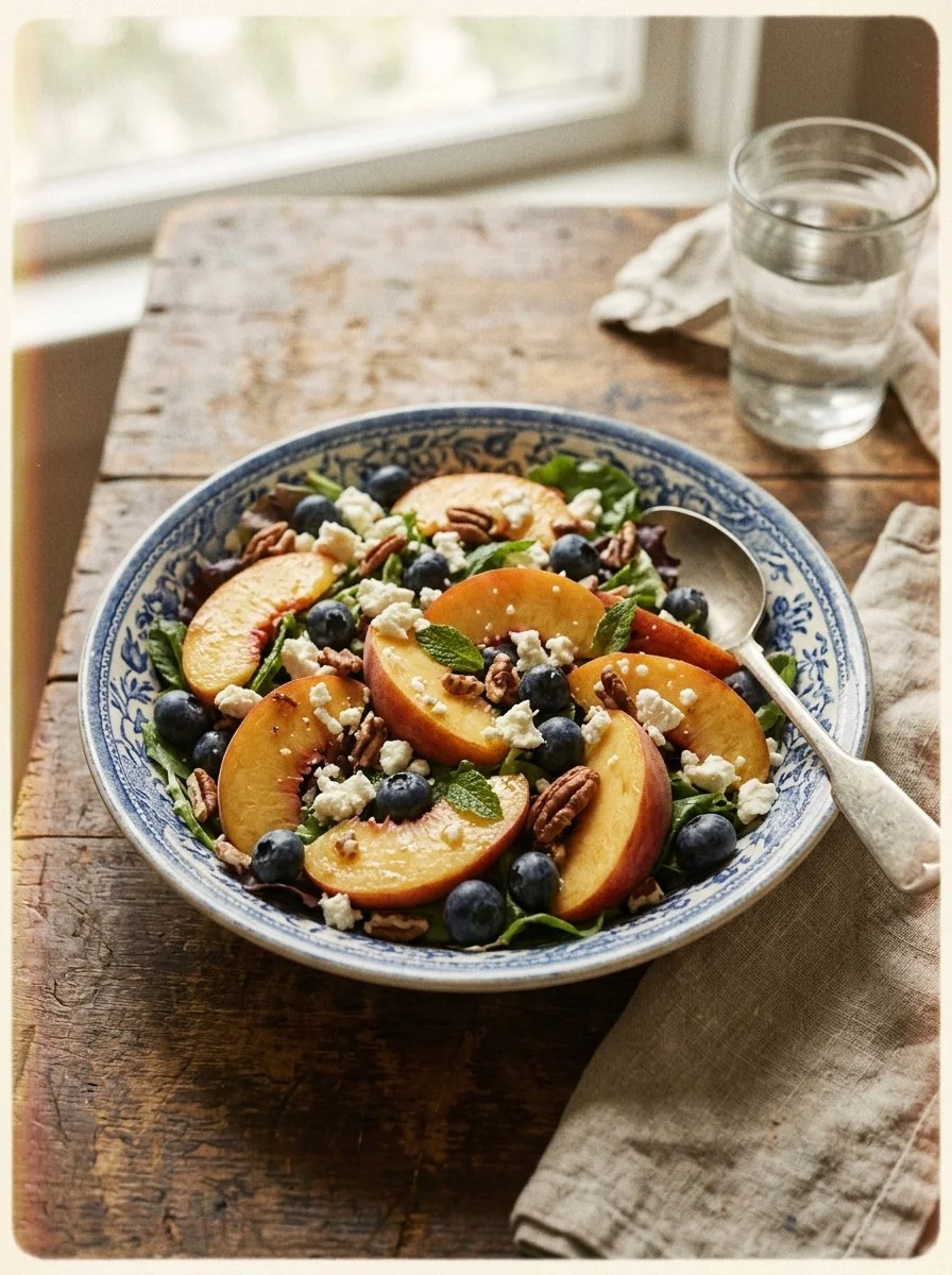 Blueberry Peach Feta Salad with fresh blueberries, peaches, and feta cheese.