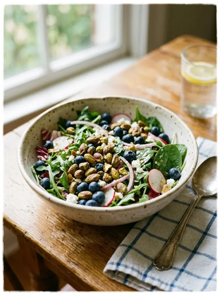 Colorful blueberry pistachio spring salad topped with fresh greens and nuts