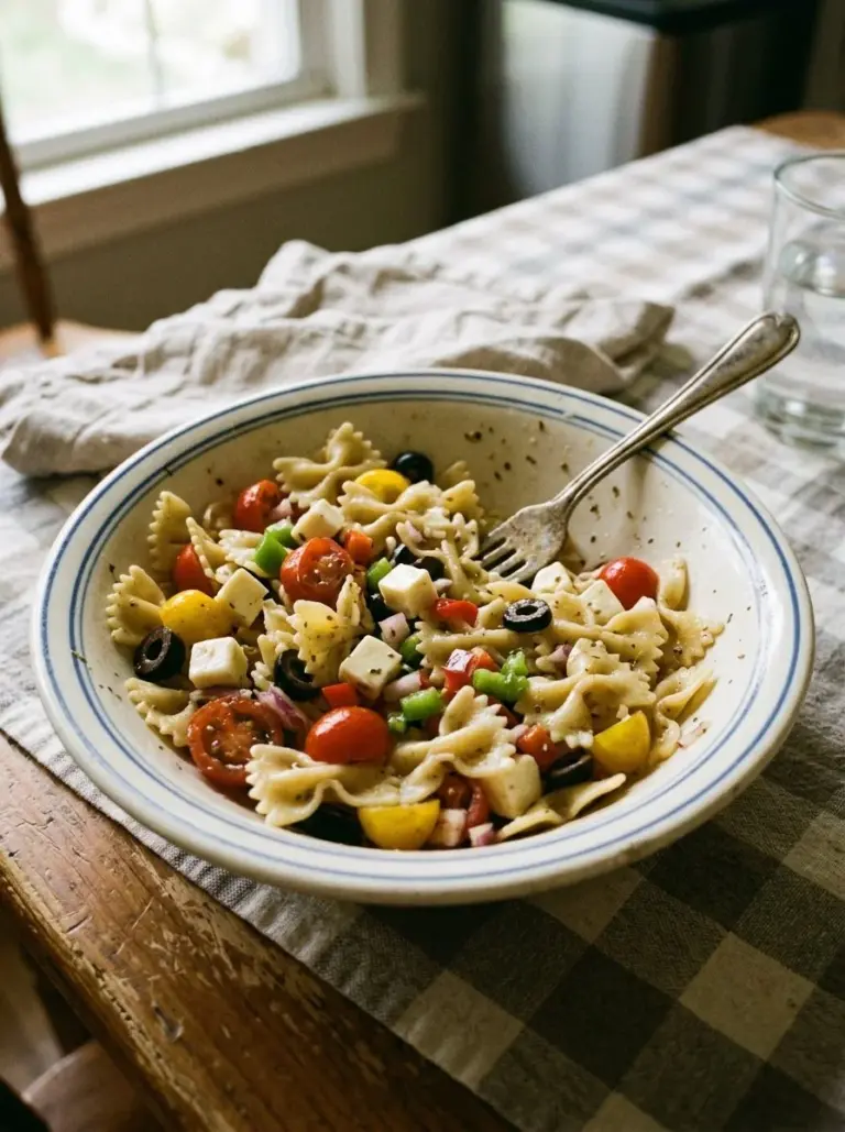 Bow Tie Pasta Salad with fresh vegetables and dressing