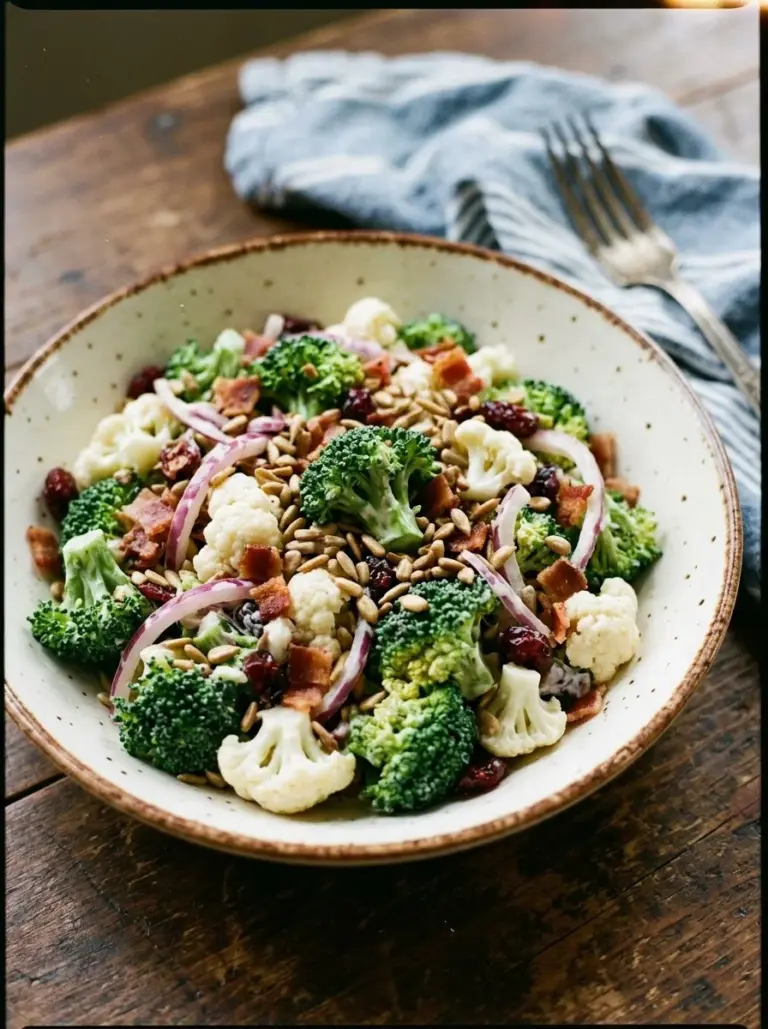 Healthy Broccoli Cauliflower Salad with fresh vegetables and dressing