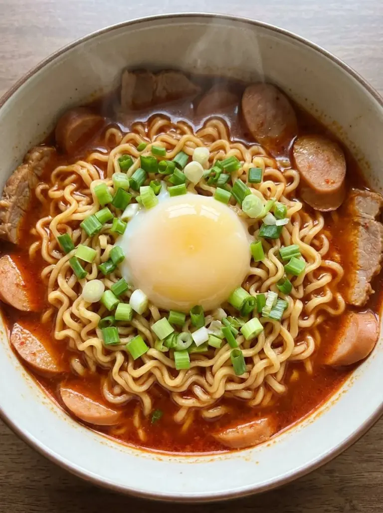 Budae Jjigae Korean Army Stew with sausages, noodles, and vegetables in a pot